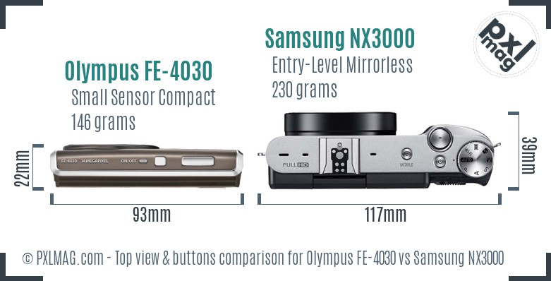 Olympus FE-4030 vs Samsung NX3000 top view buttons comparison