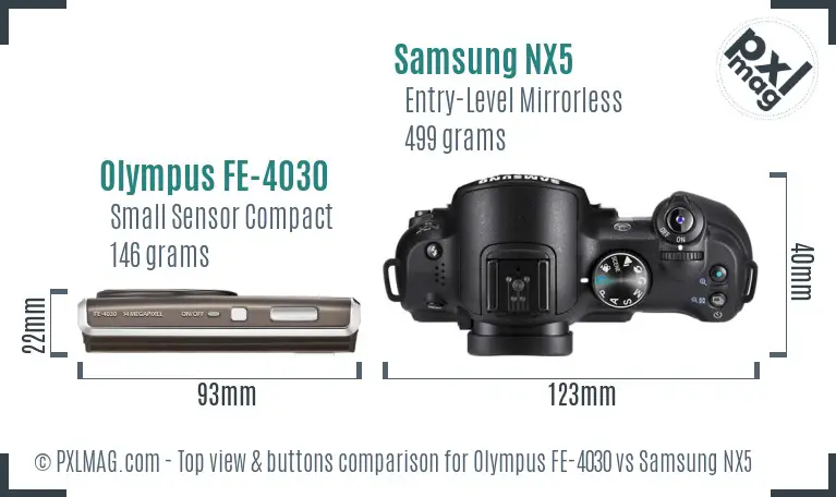 Olympus FE-4030 vs Samsung NX5 top view buttons comparison Olympus FE-4030 vs Samsung NX5 top view buttons comparison