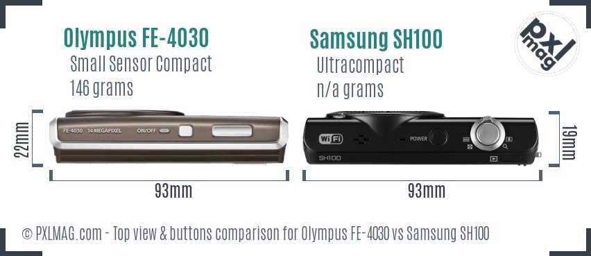 Olympus FE-4030 vs Samsung SH100 top view buttons comparison