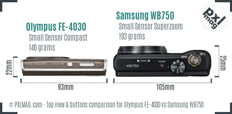 Olympus FE-4030 vs Samsung WB750 top view buttons comparison