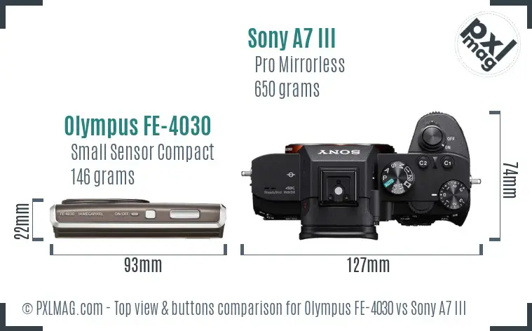 Olympus FE-4030 vs Sony A7 III top view buttons comparison
