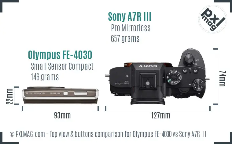 Olympus FE-4030 vs Sony A7R III top view buttons comparison