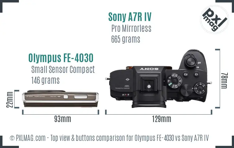 Olympus FE-4030 vs Sony A7R IV top view buttons comparison
