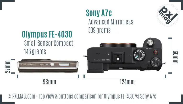 Olympus FE-4030 vs Sony A7c top view buttons comparison