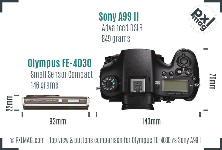 Olympus FE-4030 vs Sony A99 II top view buttons comparison