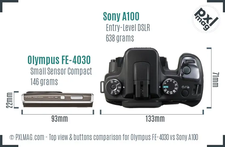 Olympus FE-4030 vs Sony A100 top view buttons comparison