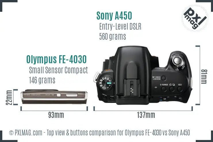 Olympus FE-4030 vs Sony A450 top view buttons comparison