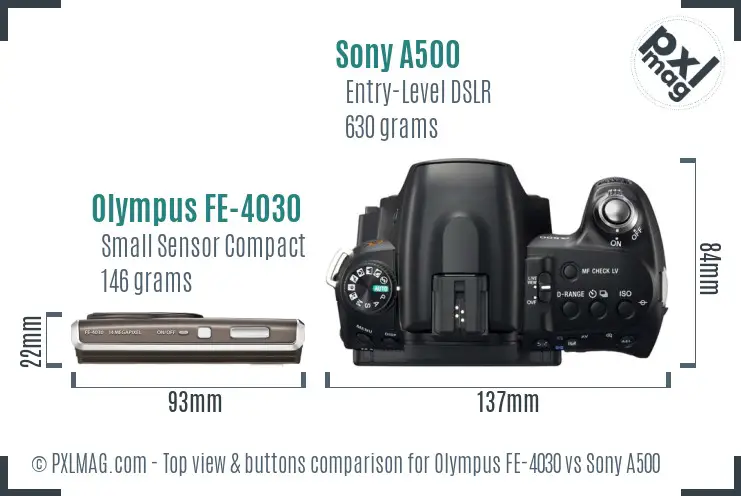 Olympus FE-4030 vs Sony A500 top view buttons comparison