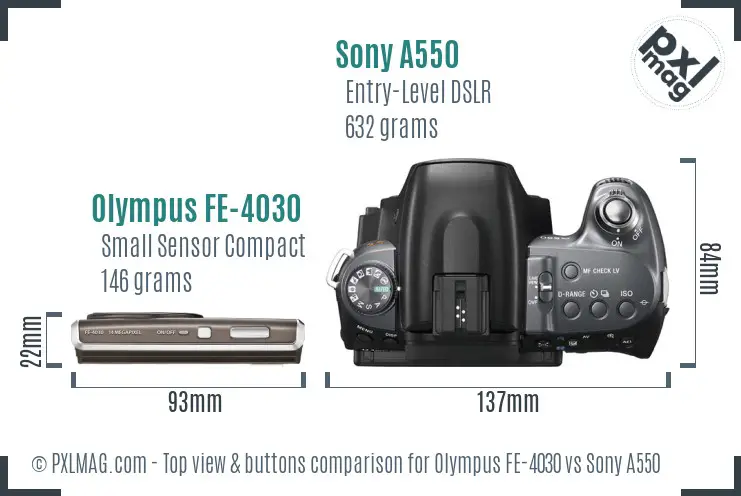 Olympus FE-4030 vs Sony A550 top view buttons comparison