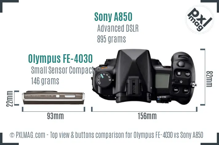 Olympus FE-4030 vs Sony A850 top view buttons comparison