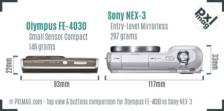 Olympus FE-4030 vs Sony NEX-3 top view buttons comparison