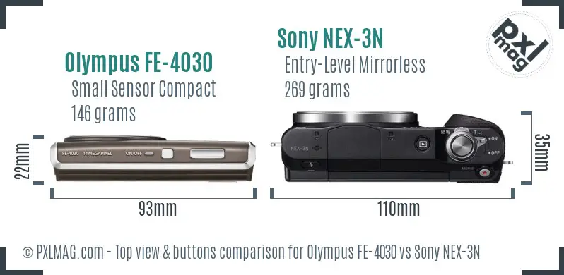 Olympus FE-4030 vs Sony NEX-3N top view buttons comparison