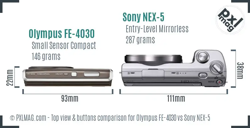 Olympus FE-4030 vs Sony NEX-5 top view buttons comparison