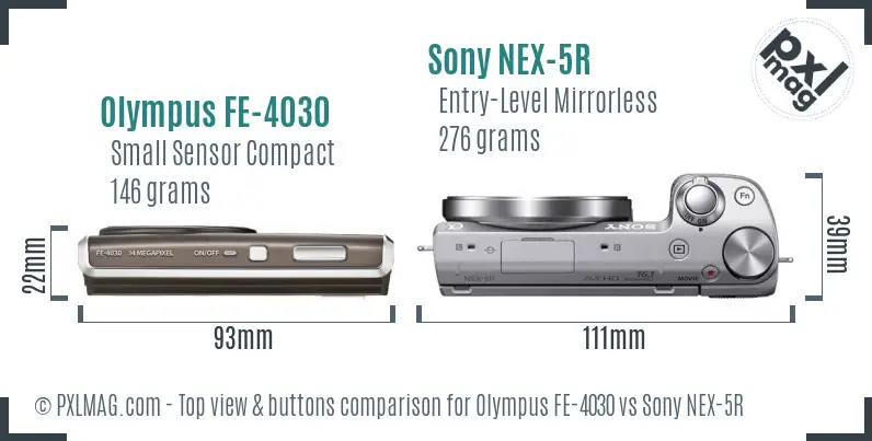 Olympus FE-4030 vs Sony NEX-5R top view buttons comparison