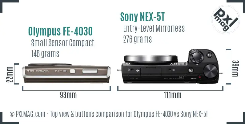 Olympus FE-4030 vs Sony NEX-5T top view buttons comparison