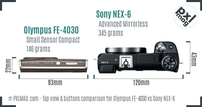 Olympus FE-4030 vs Sony NEX-6 top view buttons comparison