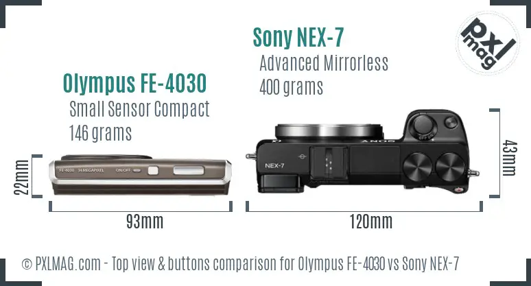Olympus FE-4030 vs Sony NEX-7 top view buttons comparison