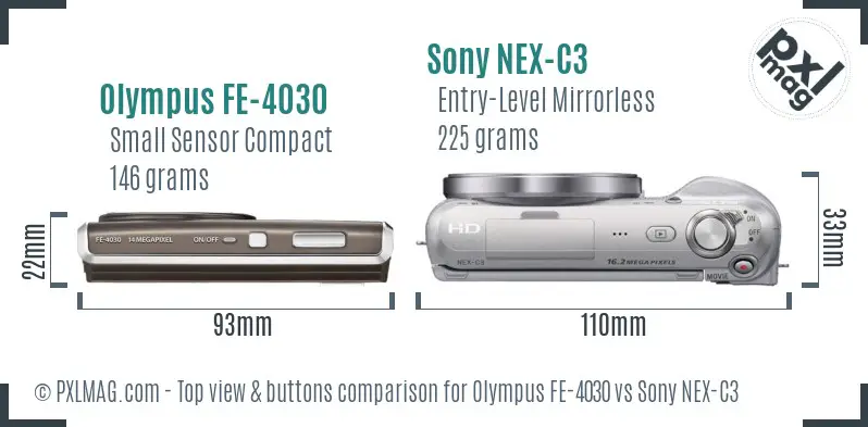 Olympus FE-4030 vs Sony NEX-C3 top view buttons comparison