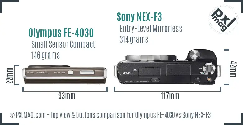 Olympus FE-4030 vs Sony NEX-F3 top view buttons comparison