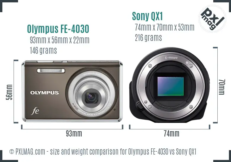 Olympus FE-4030 vs Sony QX1 size comparison