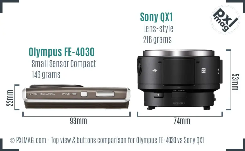 Olympus FE-4030 vs Sony QX1 top view buttons comparison