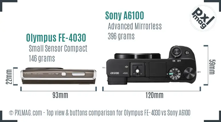 Olympus FE-4030 vs Sony A6100 top view buttons comparison Olympus FE-4030 vs Sony A6100 top view buttons comparison