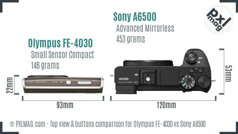 Olympus FE-4030 vs Sony A6500 top view buttons comparison