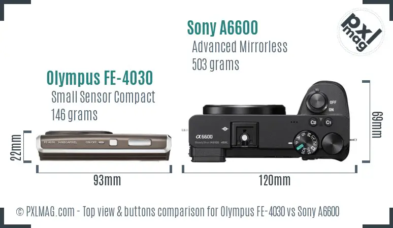 Olympus FE-4030 vs Sony A6600 top view buttons comparison