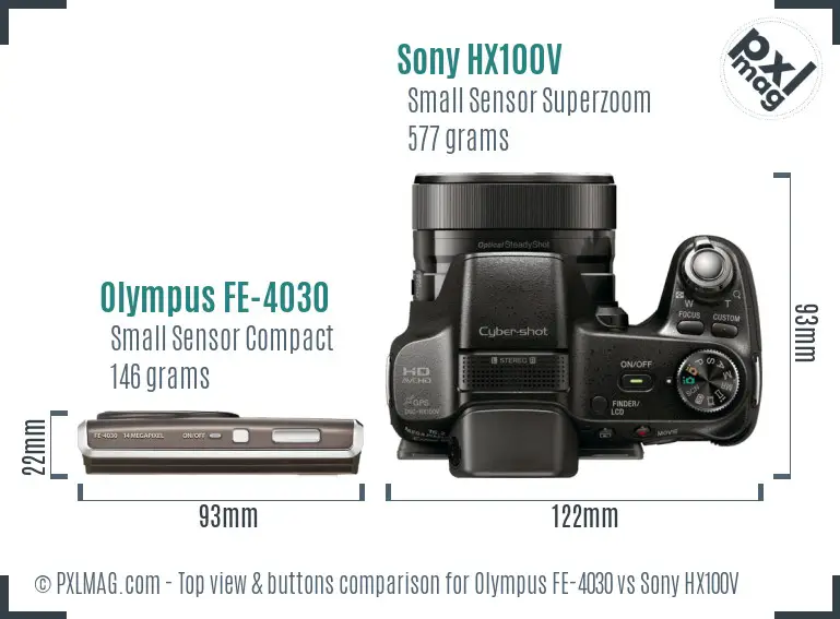 Olympus FE-4030 vs Sony HX100V top view buttons comparison