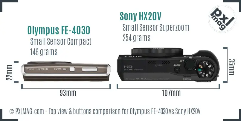 Olympus FE-4030 vs Sony HX20V top view buttons comparison