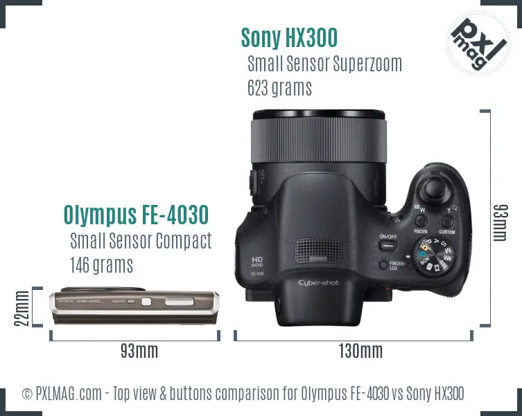 Olympus FE-4030 vs Sony HX300 top view buttons comparison