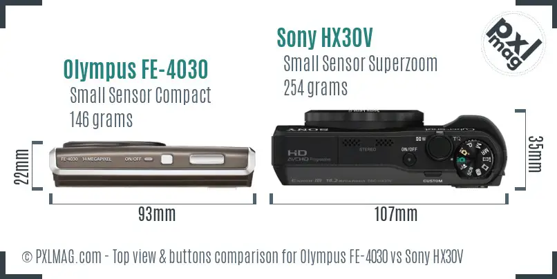 Olympus FE-4030 vs Sony HX30V top view buttons comparison