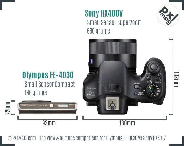 Olympus FE-4030 vs Sony HX400V top view buttons comparison