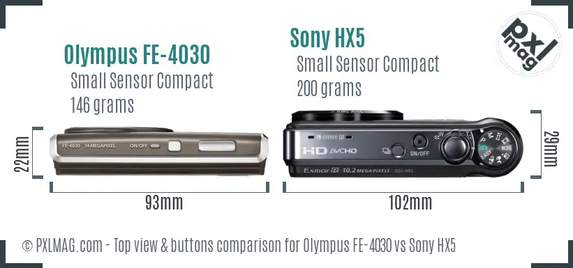 Olympus FE-4030 vs Sony HX5 top view buttons comparison