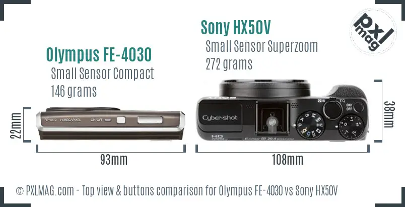 Olympus FE-4030 vs Sony HX50V top view buttons comparison