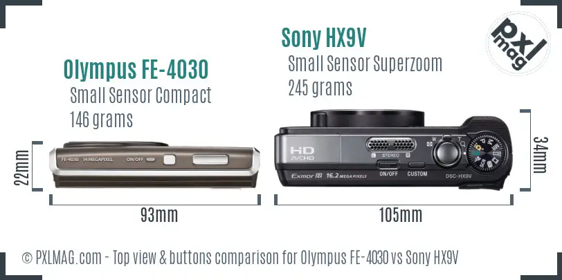 Olympus FE-4030 vs Sony HX9V top view buttons comparison