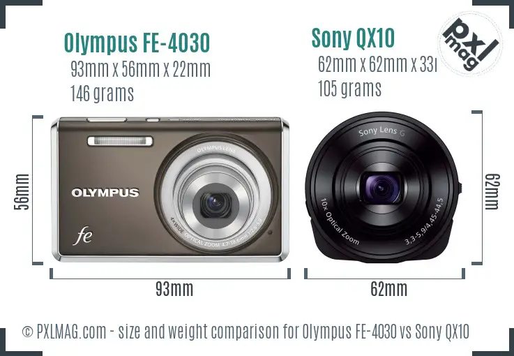 Olympus FE-4030 vs Sony QX10 size comparison
