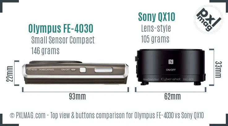 Olympus FE-4030 vs Sony QX10 top view buttons comparison