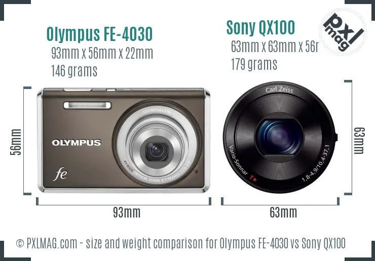 Olympus FE-4030 vs Sony QX100 size comparison
