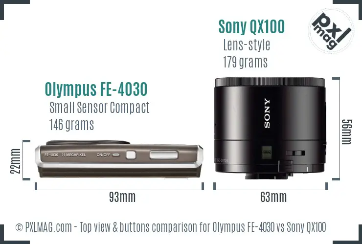 Olympus FE-4030 vs Sony QX100 top view buttons comparison