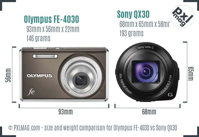 Olympus FE-4030 vs Sony QX30 size comparison