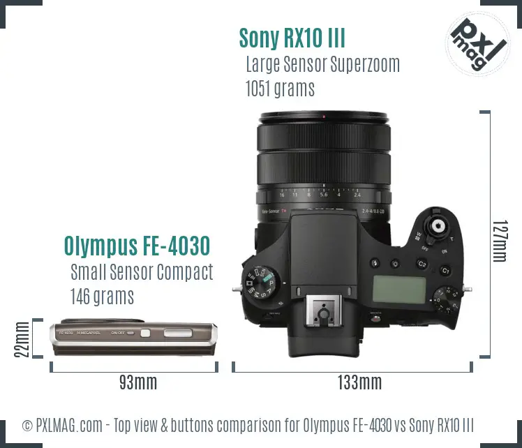 Olympus FE-4030 vs Sony RX10 III top view buttons comparison