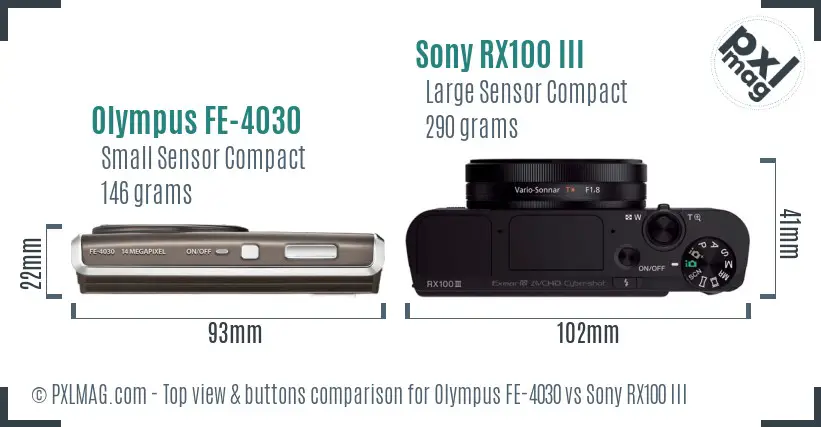 Olympus FE-4030 vs Sony RX100 III top view buttons comparison
