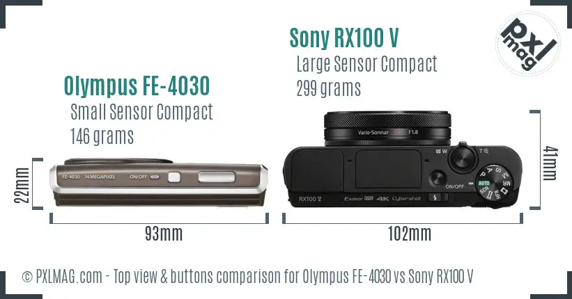 Olympus FE-4030 vs Sony RX100 V top view buttons comparison