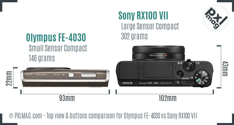 Olympus FE-4030 vs Sony RX100 VII top view buttons comparison