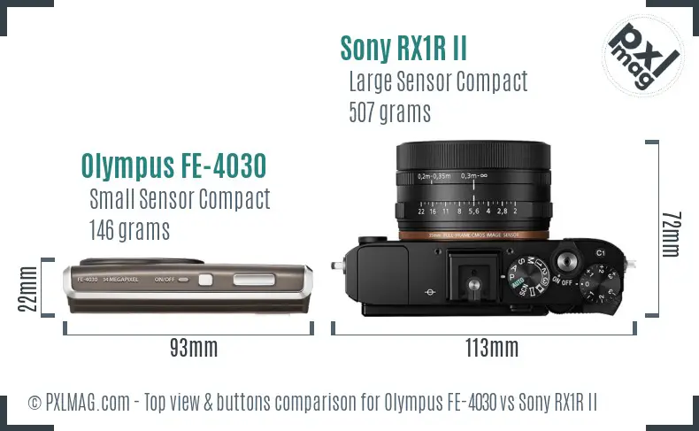 Olympus FE-4030 vs Sony RX1R II top view buttons comparison Olympus FE-4030 vs Sony RX1R II top view buttons comparison