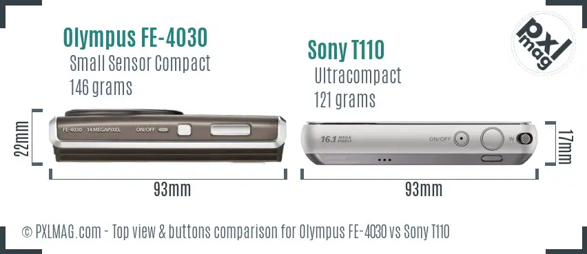 Olympus FE-4030 vs Sony T110 top view buttons comparison