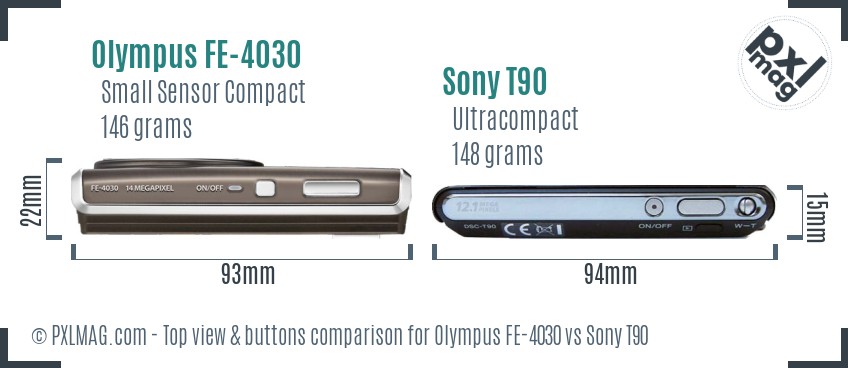 Olympus FE-4030 vs Sony T90 top view buttons comparison