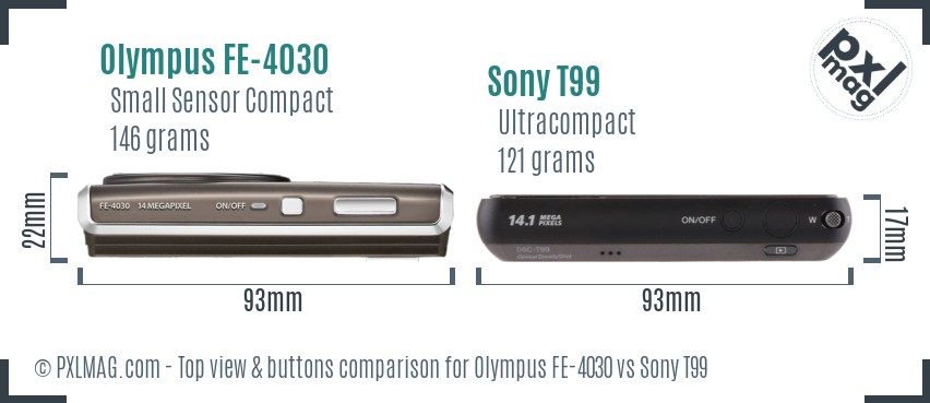 Olympus FE-4030 vs Sony T99 top view buttons comparison