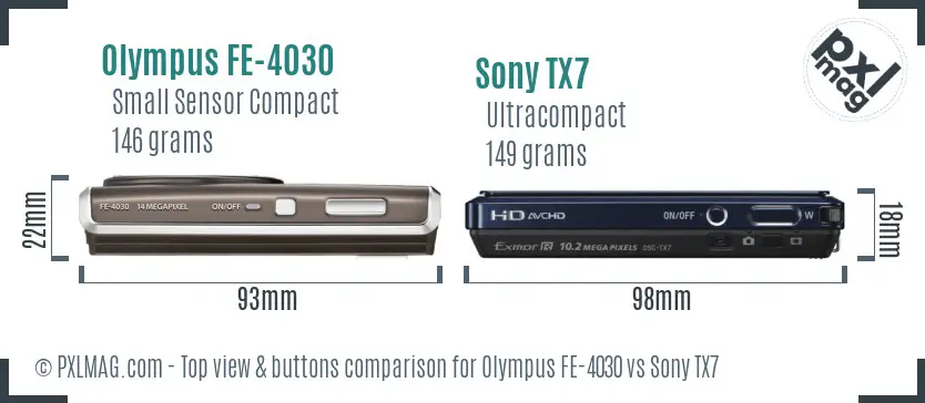 Olympus FE-4030 vs Sony TX7 top view buttons comparison Olympus FE-4030 vs Sony TX7 top view buttons comparison